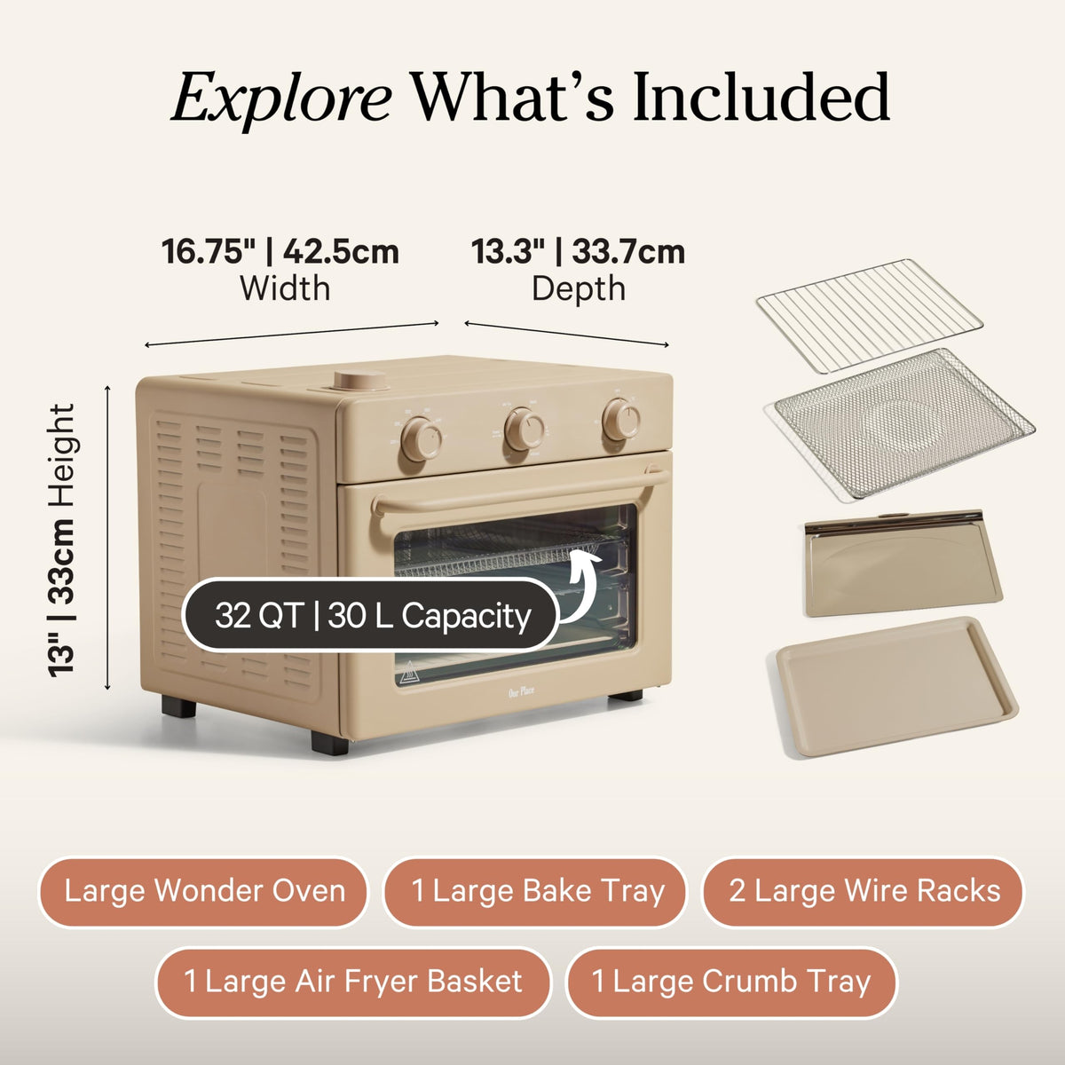 Large air fryer basket included with the Our Place Large Wonder Oven.