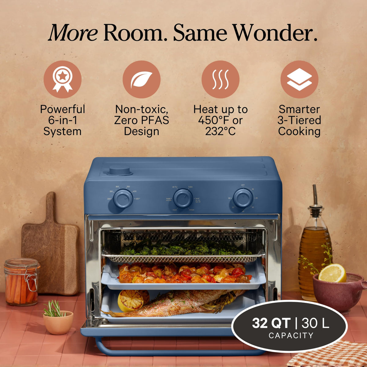 Our Place Large Wonder Oven interior with three racks for multi-dish meals