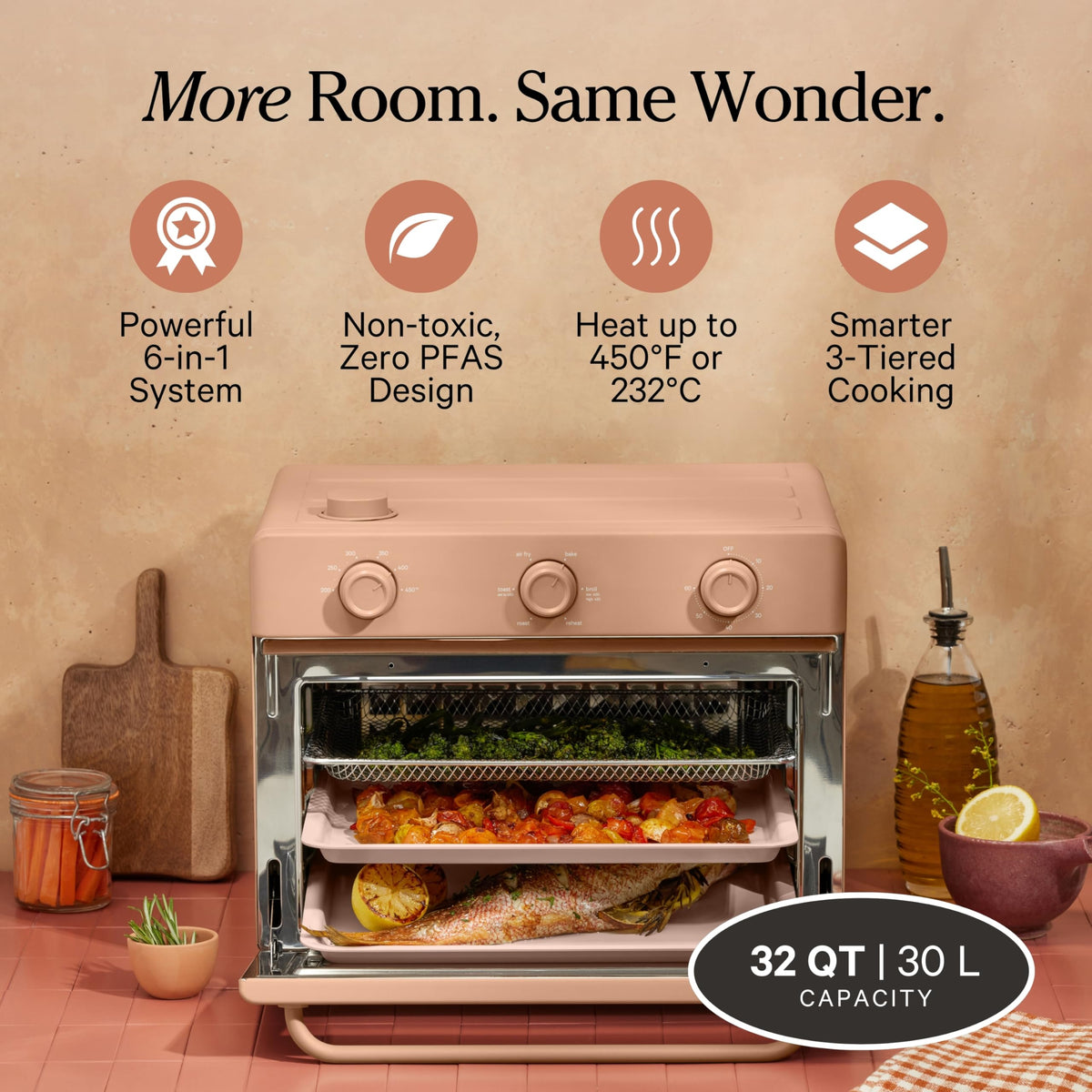 Inside view with three racks enables multitier cooking for sheet-pan dinners.
