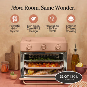 Inside view with three racks enables multitier cooking for sheet-pan dinners.