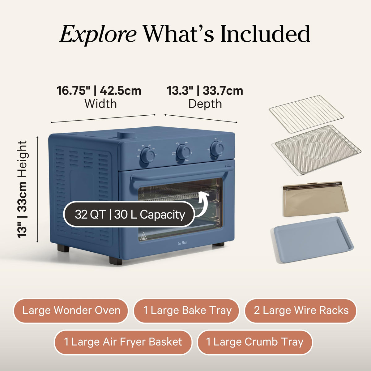 Our Place Large Wonder Oven crumb tray and accessories for easy cleanup