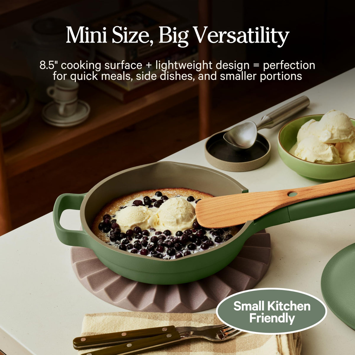 Our Place Mini Always Pan deeper-walled design for sauces and meals.
