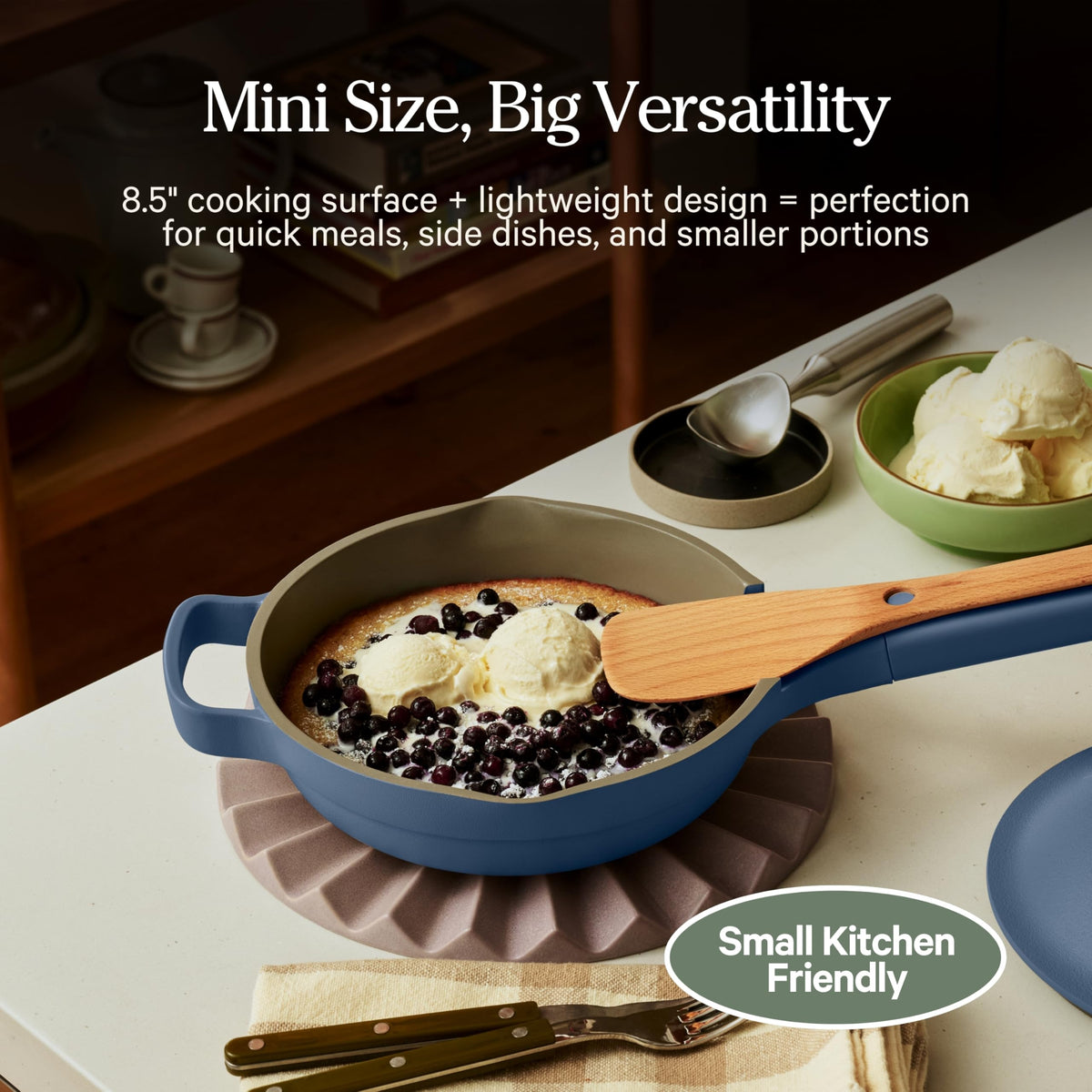 Lightweight recycled aluminum body of Our Place Mini Always Pan