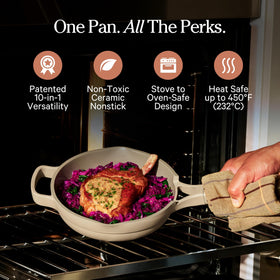 Our Place Mini Always Pan modular lid with steam vent enables controlled simmering.