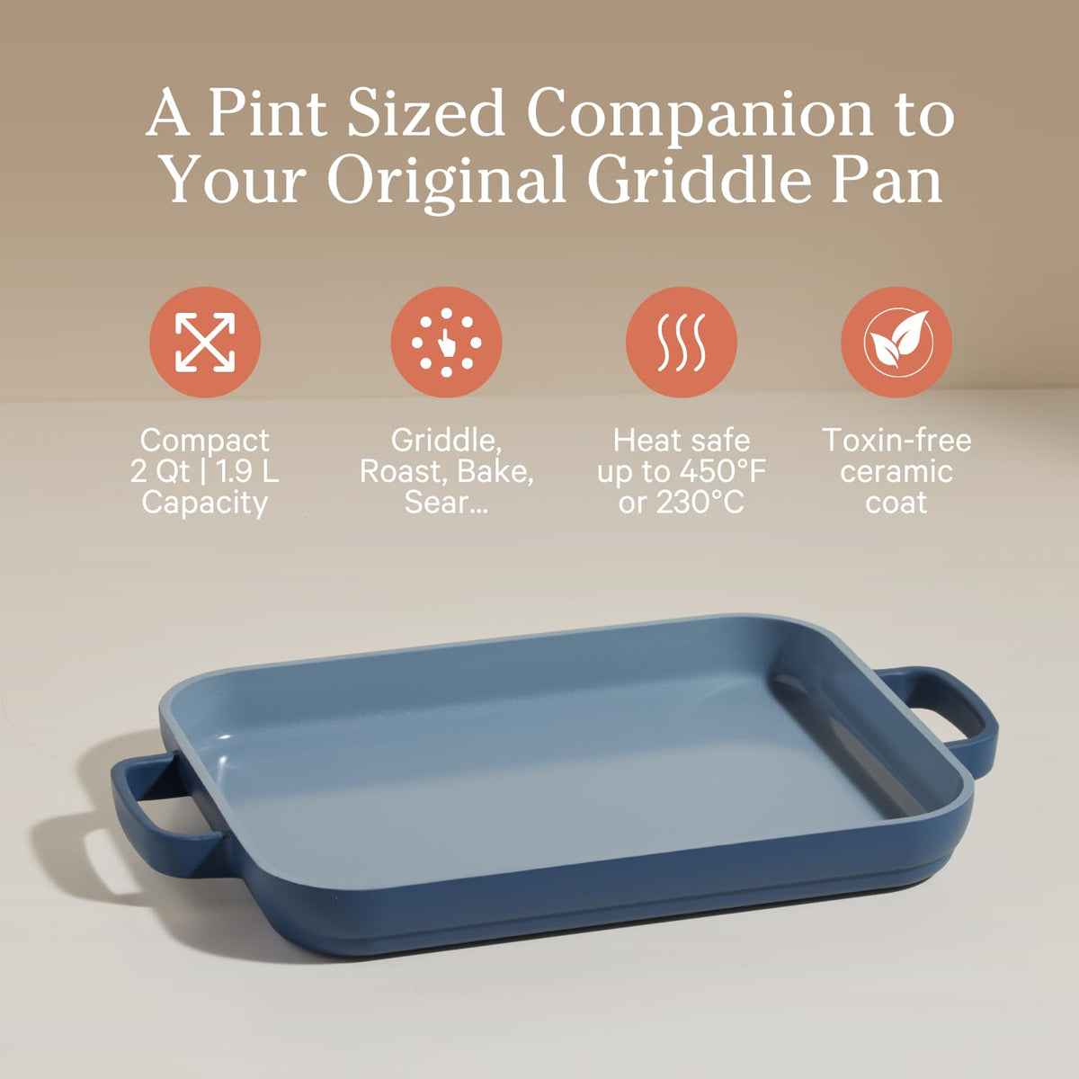 Our Place mini griddle pan ceramic nonstick surface for effortless food release.