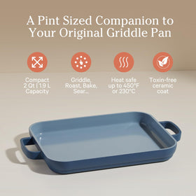 Our Place mini griddle pan ceramic nonstick surface for effortless food release.