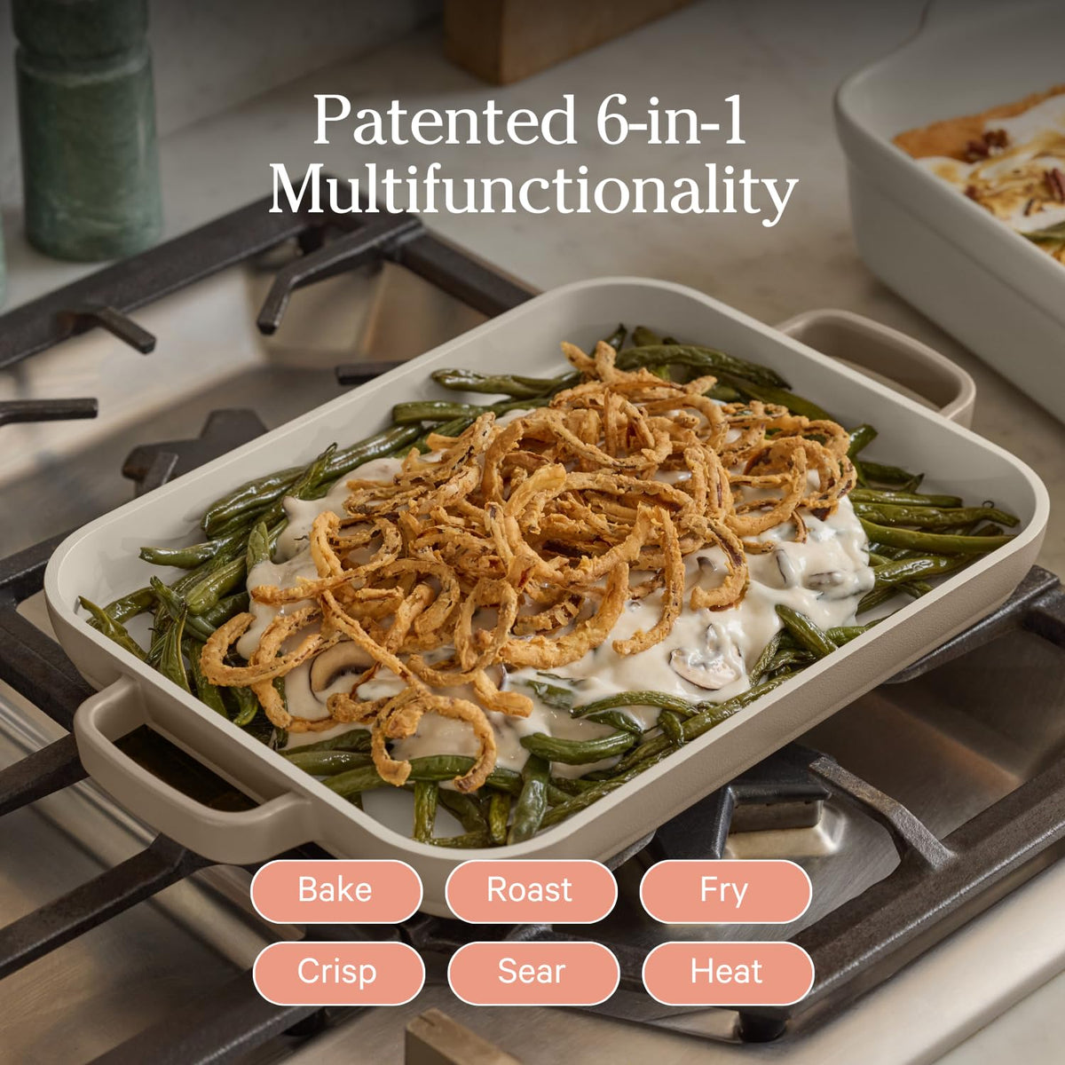 Our Place Mini Griddle Pan even heat with warp-resistant aluminum for consistent cooking.