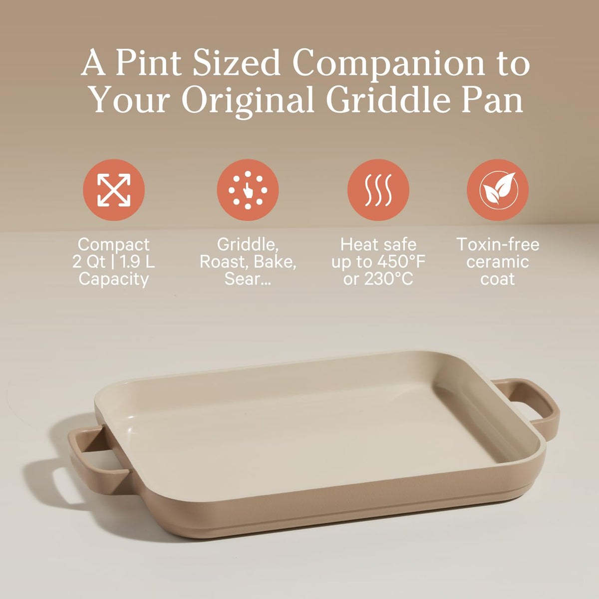 Our Place Mini Griddle Pan nonstick ceramic surface for easy food release.