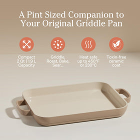 Our Place Mini Griddle Pan nonstick ceramic surface for easy food release.