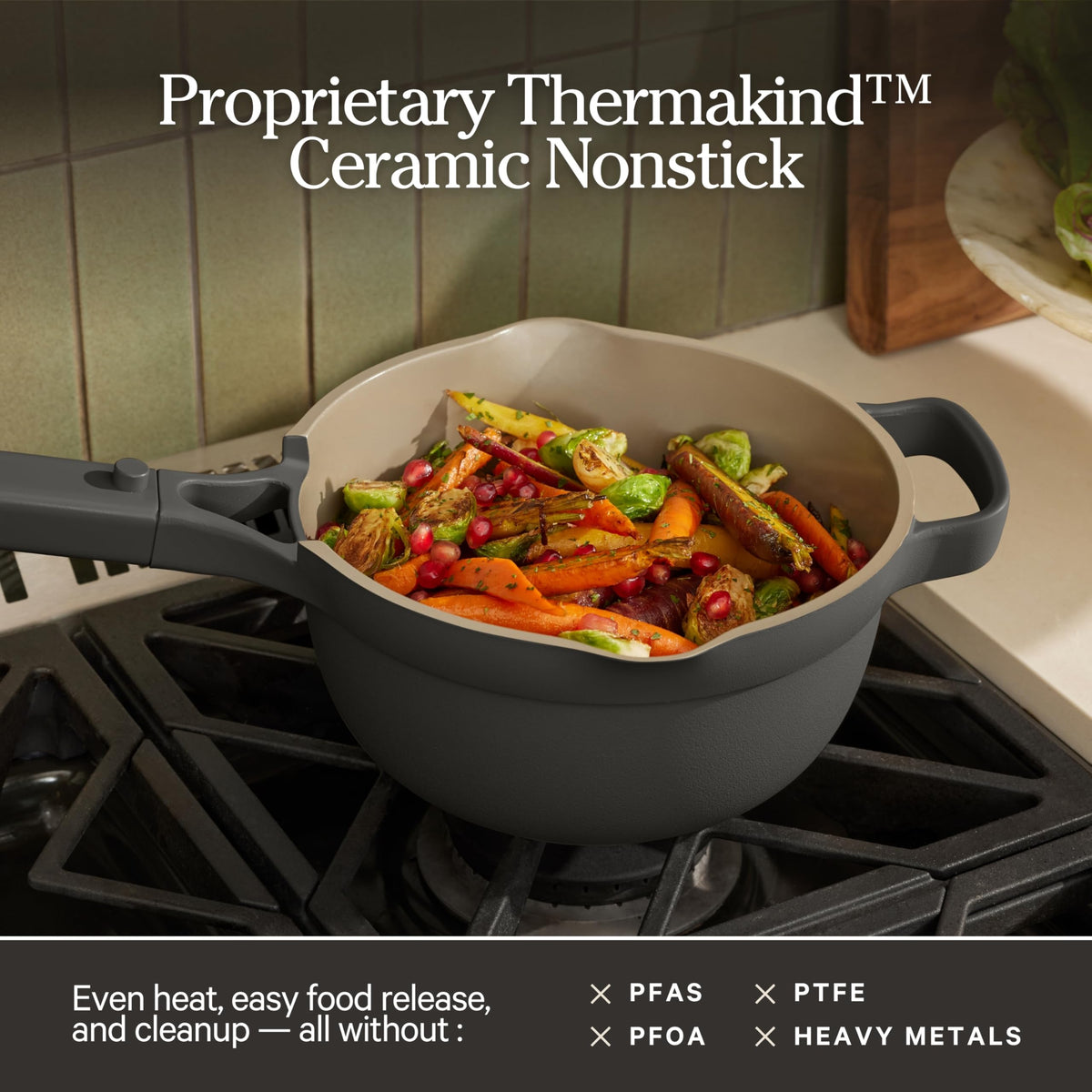 Our Place Mini Perfect Pot front view highlights compact size for small kitchens and single portions.