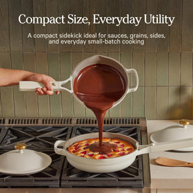 Our Place Mini Perfect Pot in oven illustrates oven-safe versatility up to 450°F.