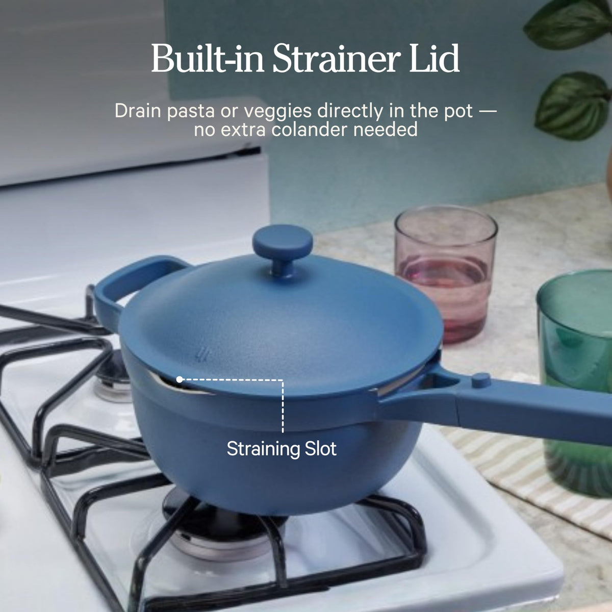 Our Place Mini Perfect Pot on stovetop enables versatile simmer-to-sauté routines.