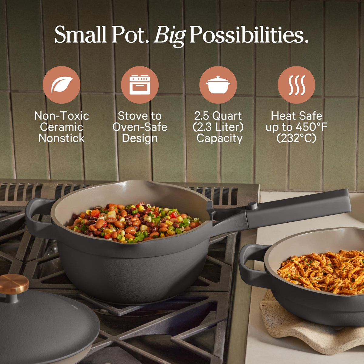 Our Place Mini Perfect Pot with spatula included supports quick sauces and simple serving.