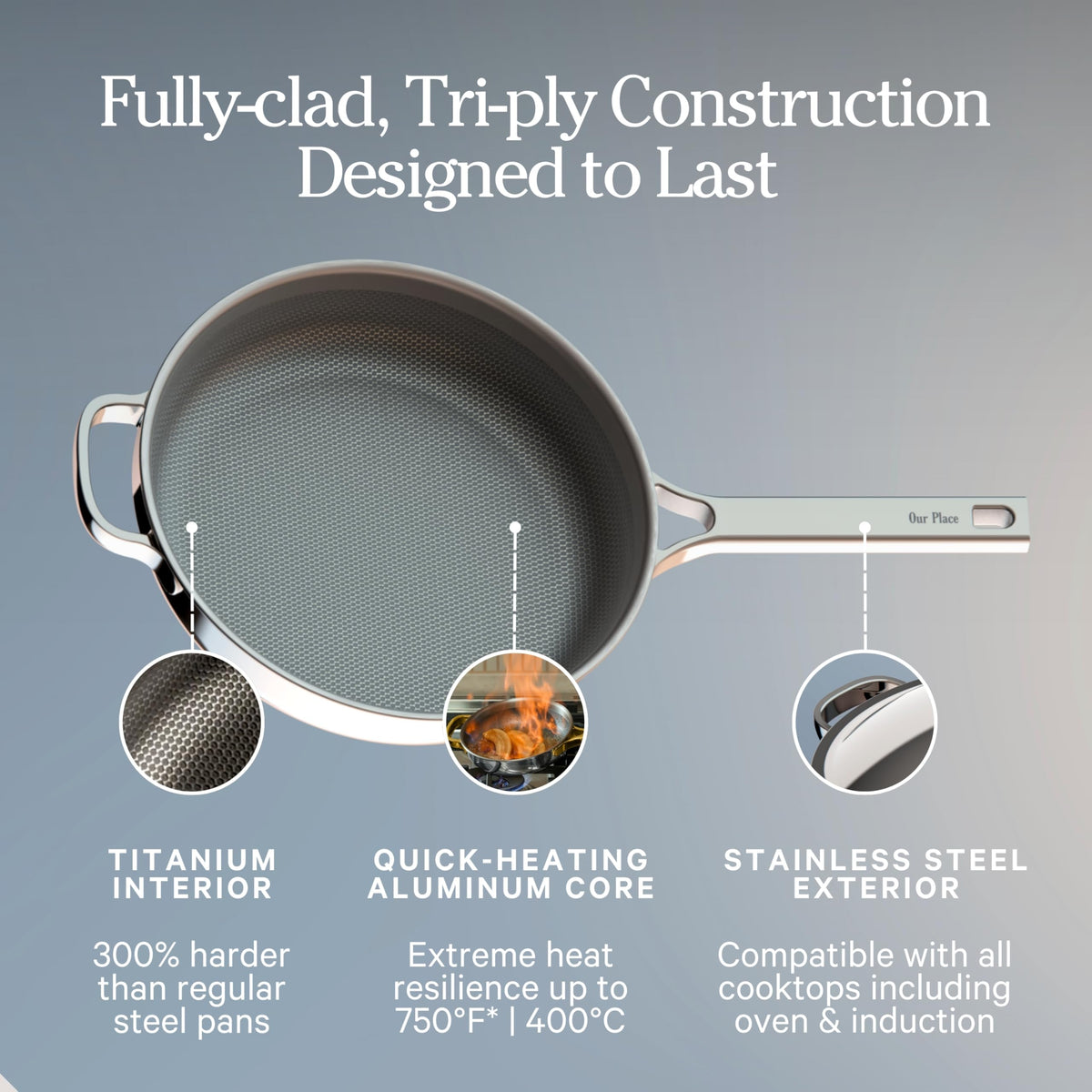 Our Place Pan Pro features a 360-degree pour rim for smooth, drip-free pouring.