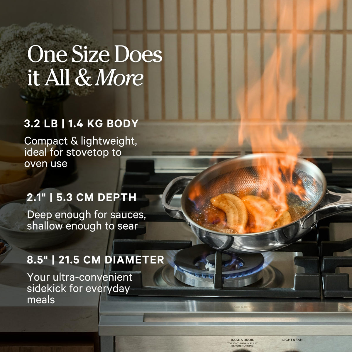 Our Place Pan Pro uses tri-ply stainless steel and aluminum for even heating.