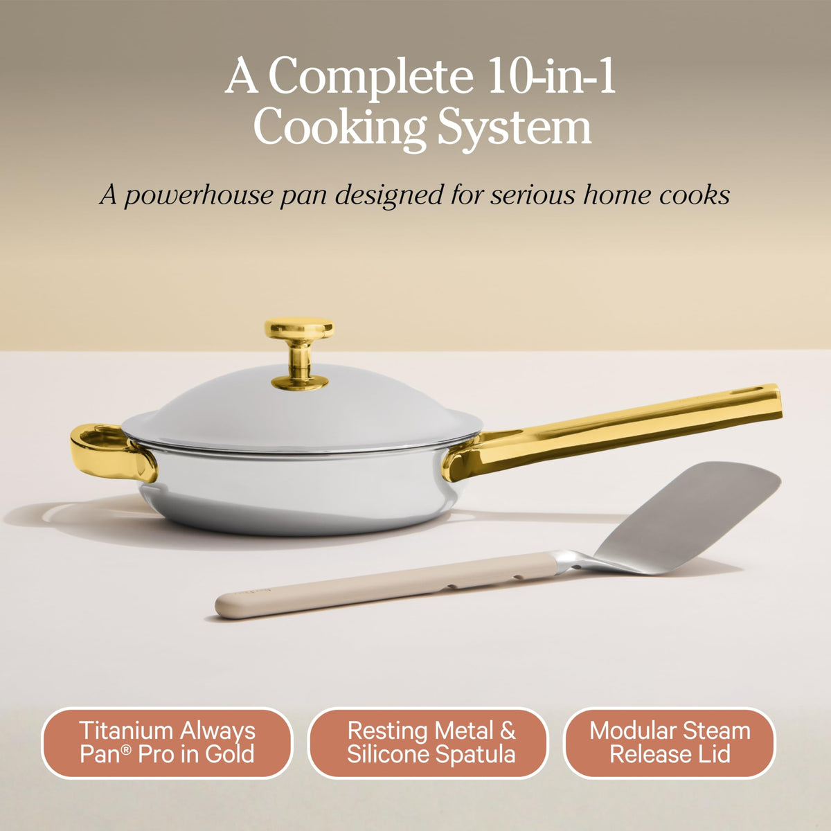Our Place Mini Titanium Always Pan Pro supports induction cooking and oven use up to 750°F.