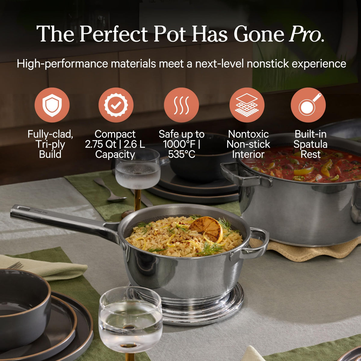 Our Place Mini Titanium Perfect Pot Pro interior no-coating surface for easy release.