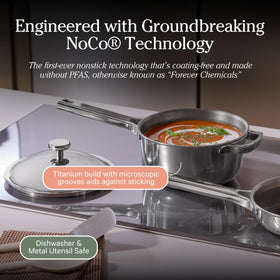Our Place Mini Titanium Perfect Pot Pro on induction cooktop, showing versatile heating.