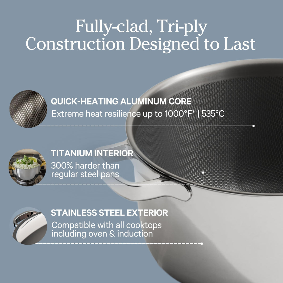 Our Place Mini Titanium Perfect Pot Pro oven-safe up to 1000°F for finish.