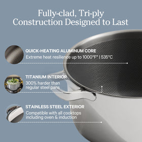 Our Place Mini Titanium Perfect Pot Pro oven-safe up to 1000°F for finish.