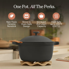 Our Place Perfect Pot lid with integrated strainer for easy draining.