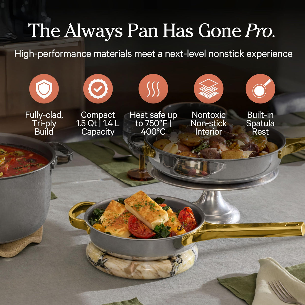 Inside view of Our Place Pan Pro highlighting titanium interior durability for daily cooking.