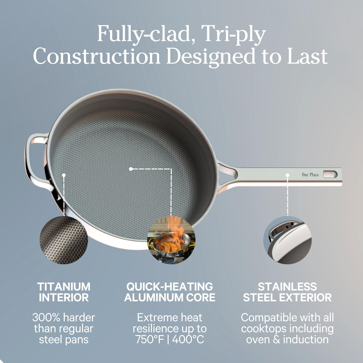 Pan with modular steam release lid for controlled moisture in the Our Place Always Pan Pro.