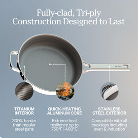 Pan with modular steam release lid for controlled moisture in the Our Place Always Pan Pro.
