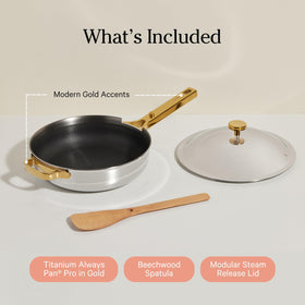 Our Place Titanium Always Pan Pro ready for oven use up to 750 degrees Fahrenheit.