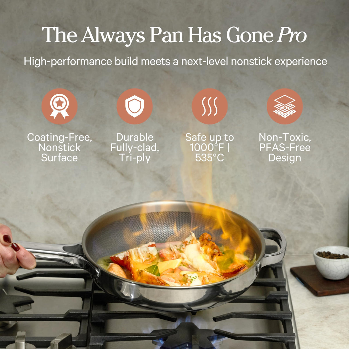 Our Place Titanium Always Pan Pro inside view shows even heat across the surface.