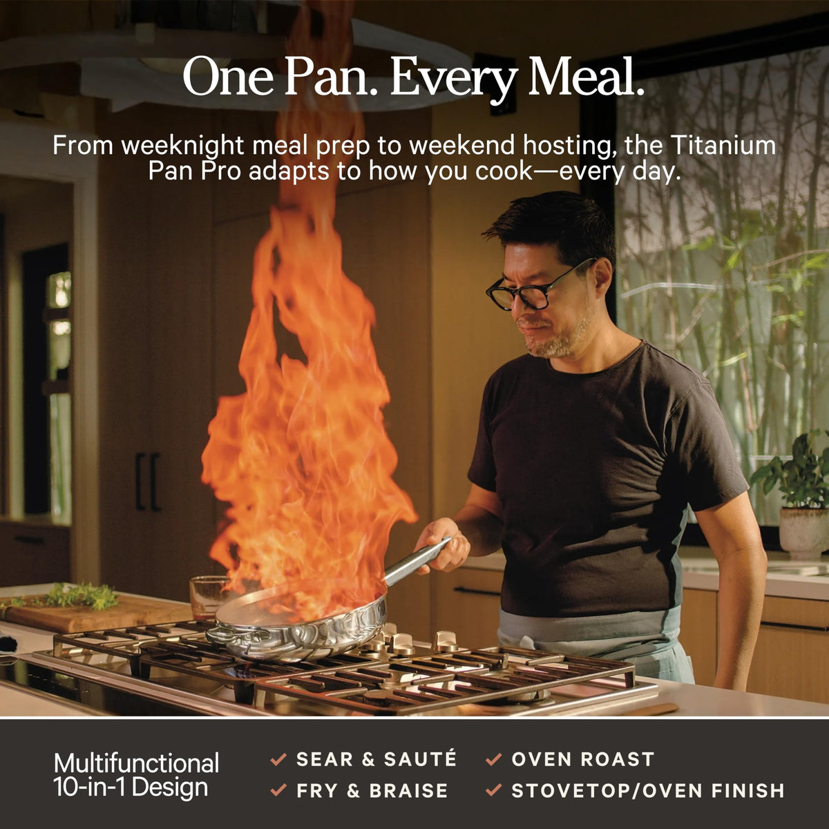 Pan designed for metal utensils and dishwasher durability in daily use.