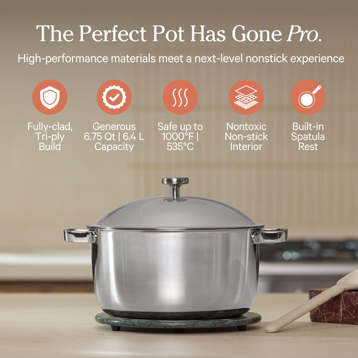 Our Place Pot Pro interior reveals no-coating surface for easy food release.