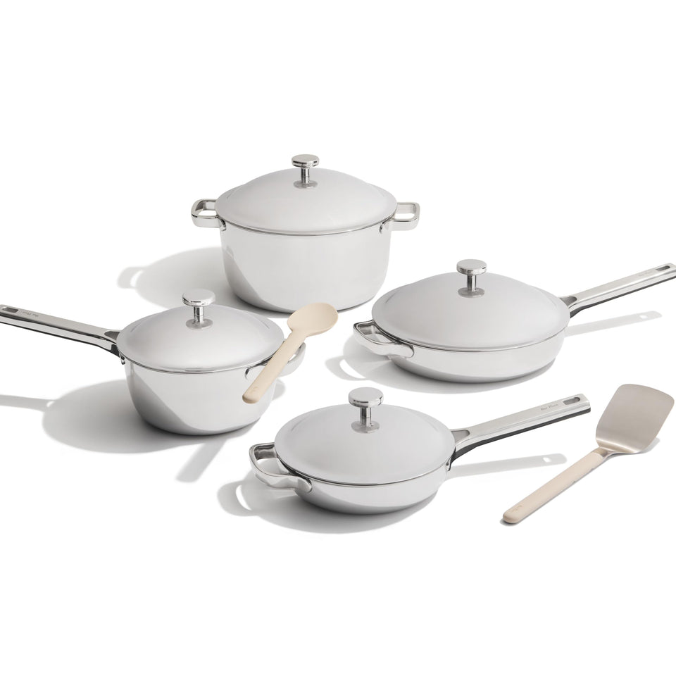 Our Place Titanium Pro complete 10-piece set on the counter, ideal for all-in-one cooking.