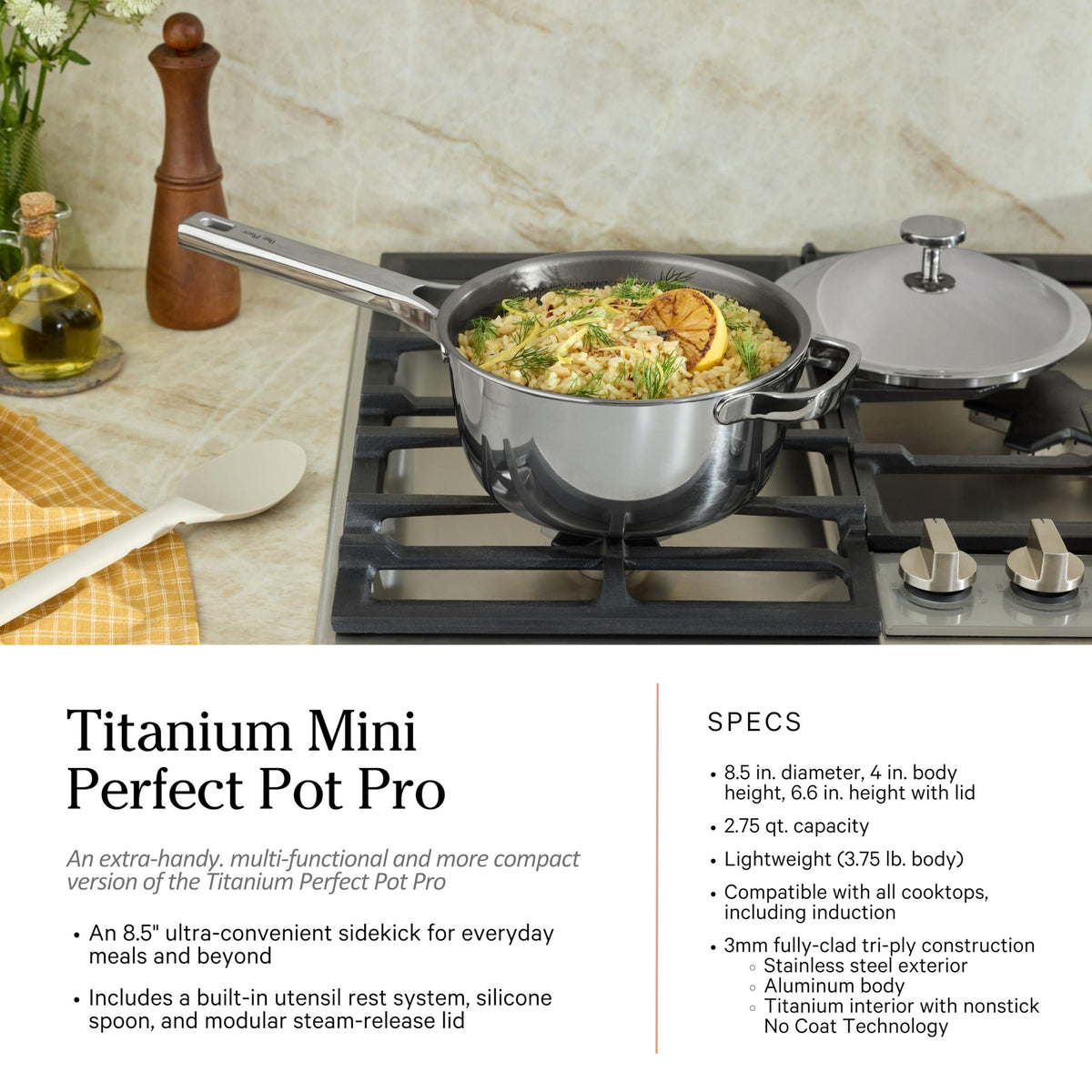 Our Place Titanium Pro oven-safe up to 1000°F, ready for high-heat finishing.