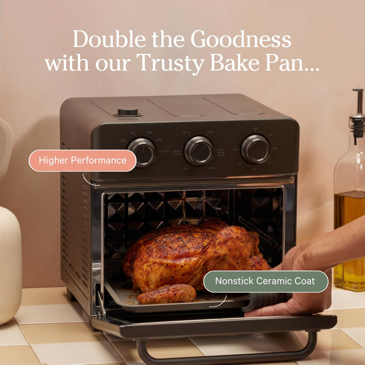 Our Place Wonder Oven ceramic nonstick coating facilitates easy food release.