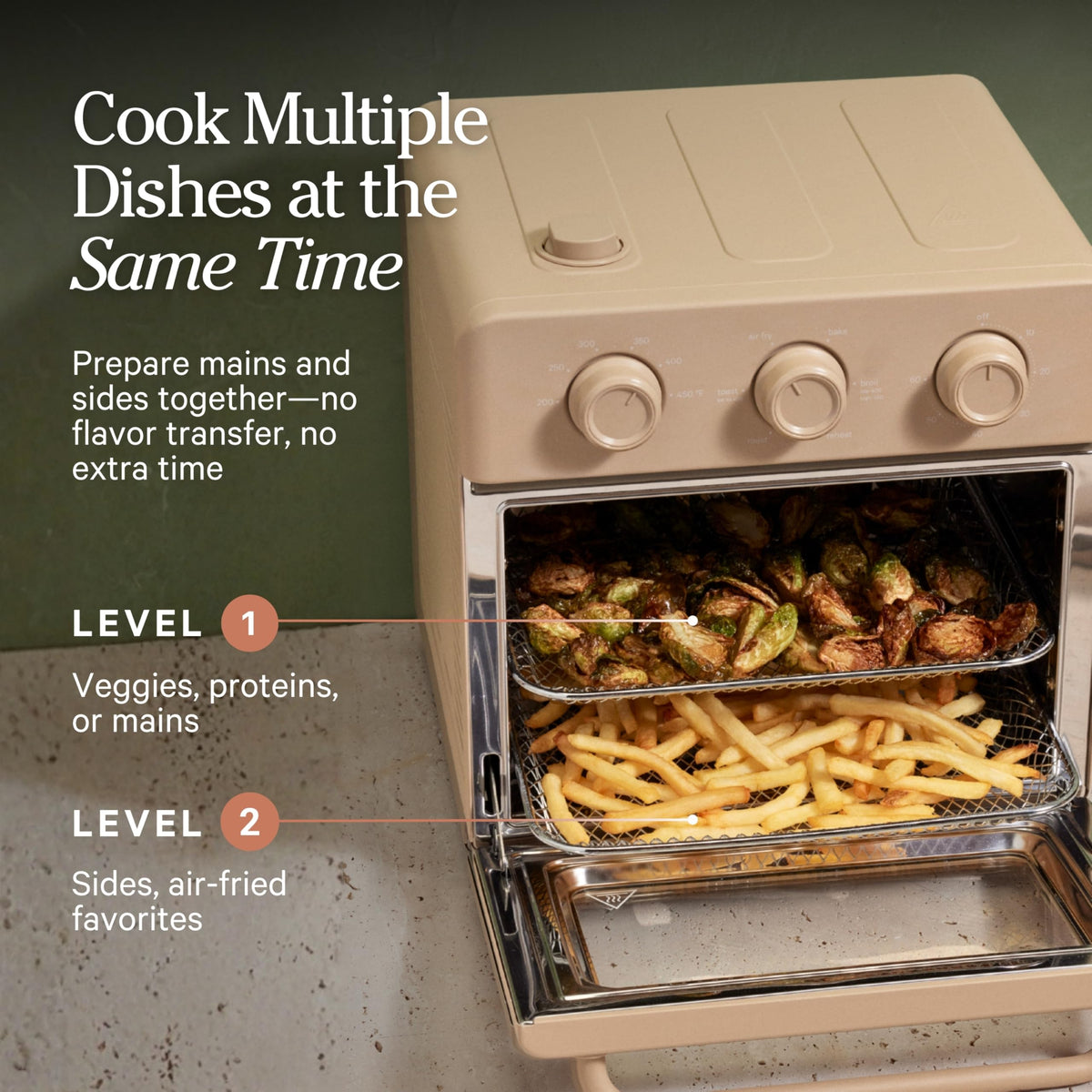 Our Place Wonder Oven interior 12L fits meals for 2–4 people.