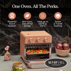 Our Place Wonder Oven interior with dual cooking levels for efficient batch prep.