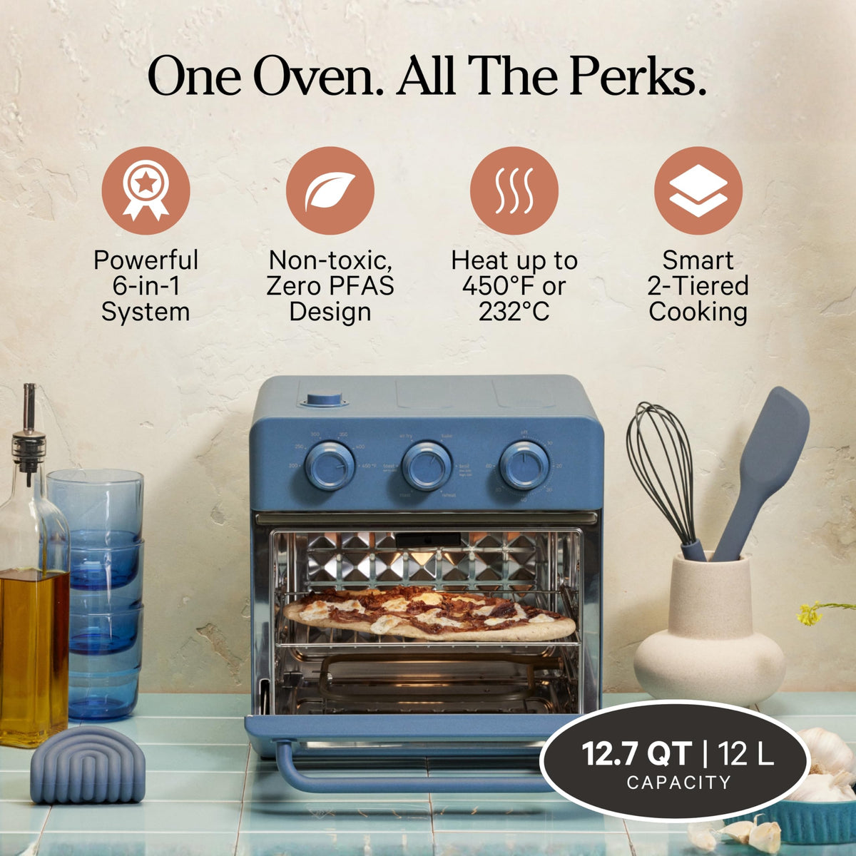Our Place Wonder Oven interior shows two levels for 2–4 servings.