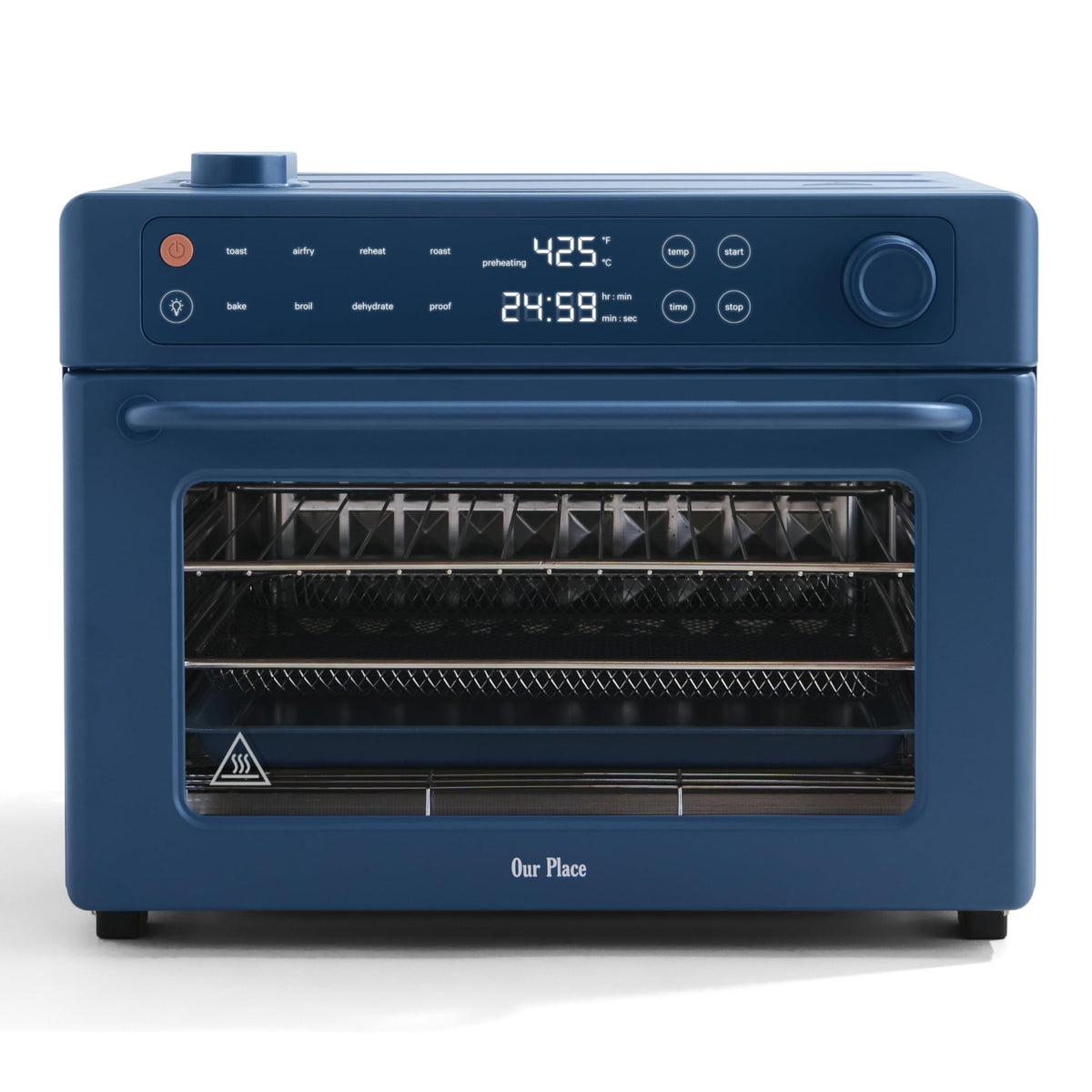 Our Place Wonder Oven Pro front view with blue salt finish and intuitive touchscreen control.