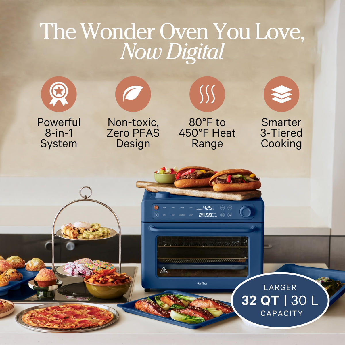 Interior shot of Our Place Wonder Oven Pro with three racks for multi-dish meals.