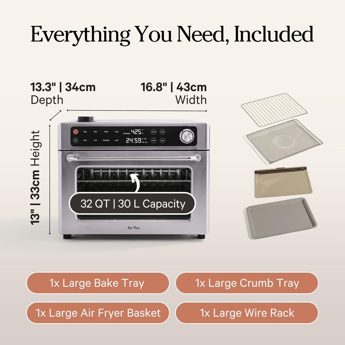 Our Place Wonder Oven Pro stainless steel body is durable and easy to clean