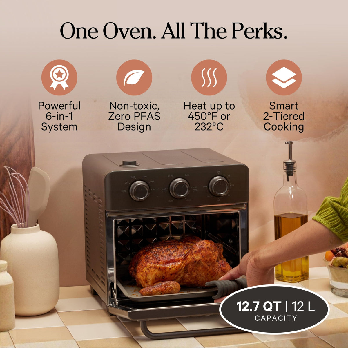 Our Place Wonder Oven rack enables multi-level cooking for versatile, evenly browned dishes.