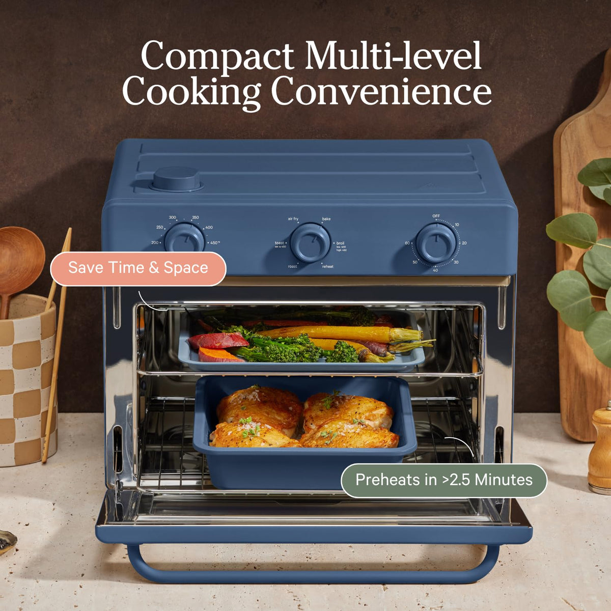 The Our Place Wonder Oven set on the counter showcases complete toxin-free bakeware