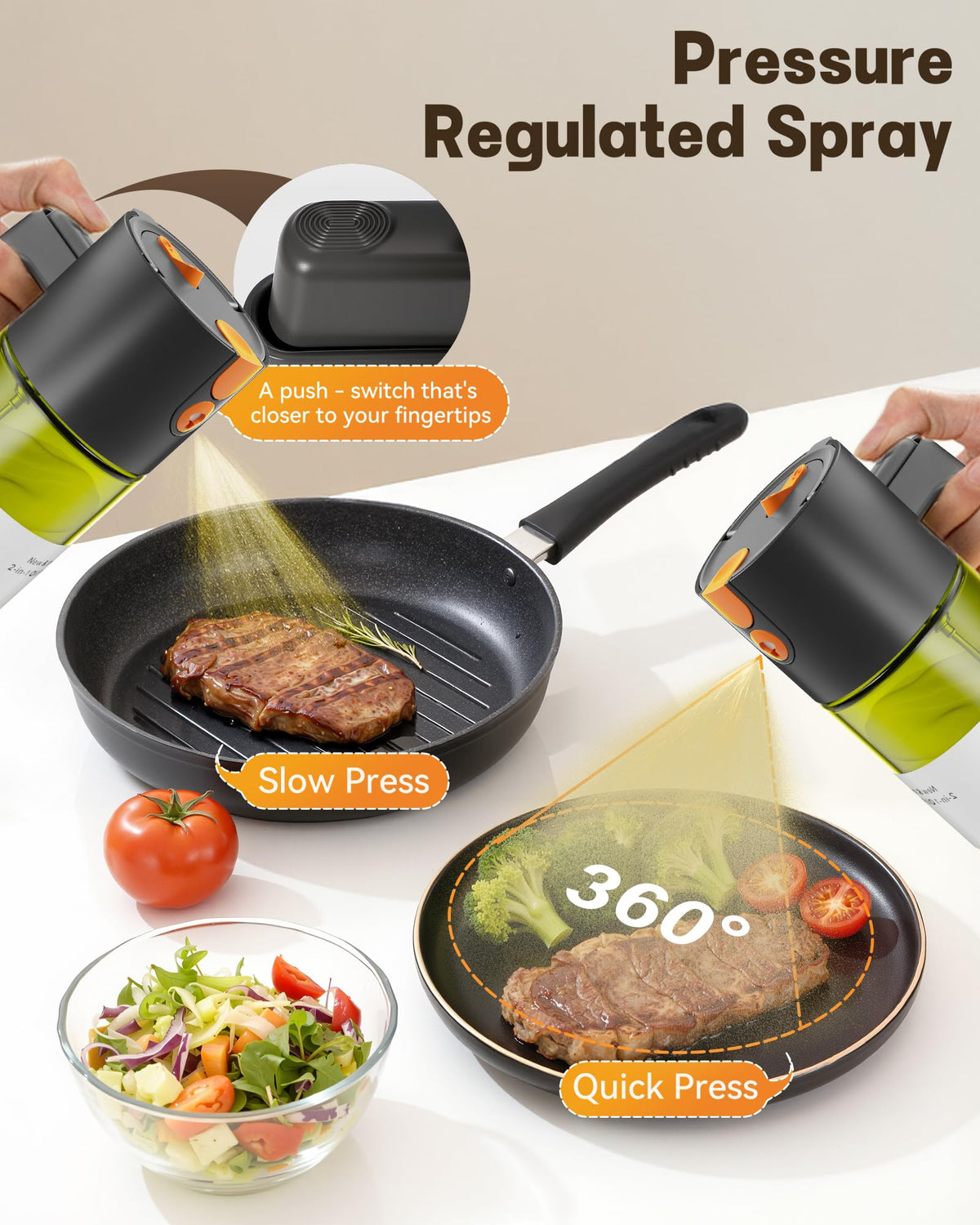 OURCABECUE Upgrade 2-in-1 oil sprayer leak-proof cap seal in use.