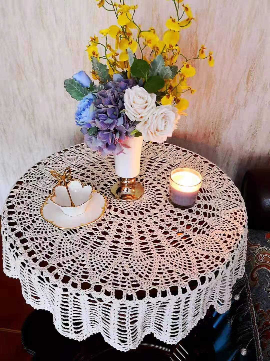 Ourhommie bohemian table topper in beige adds vintage charm to any setting.