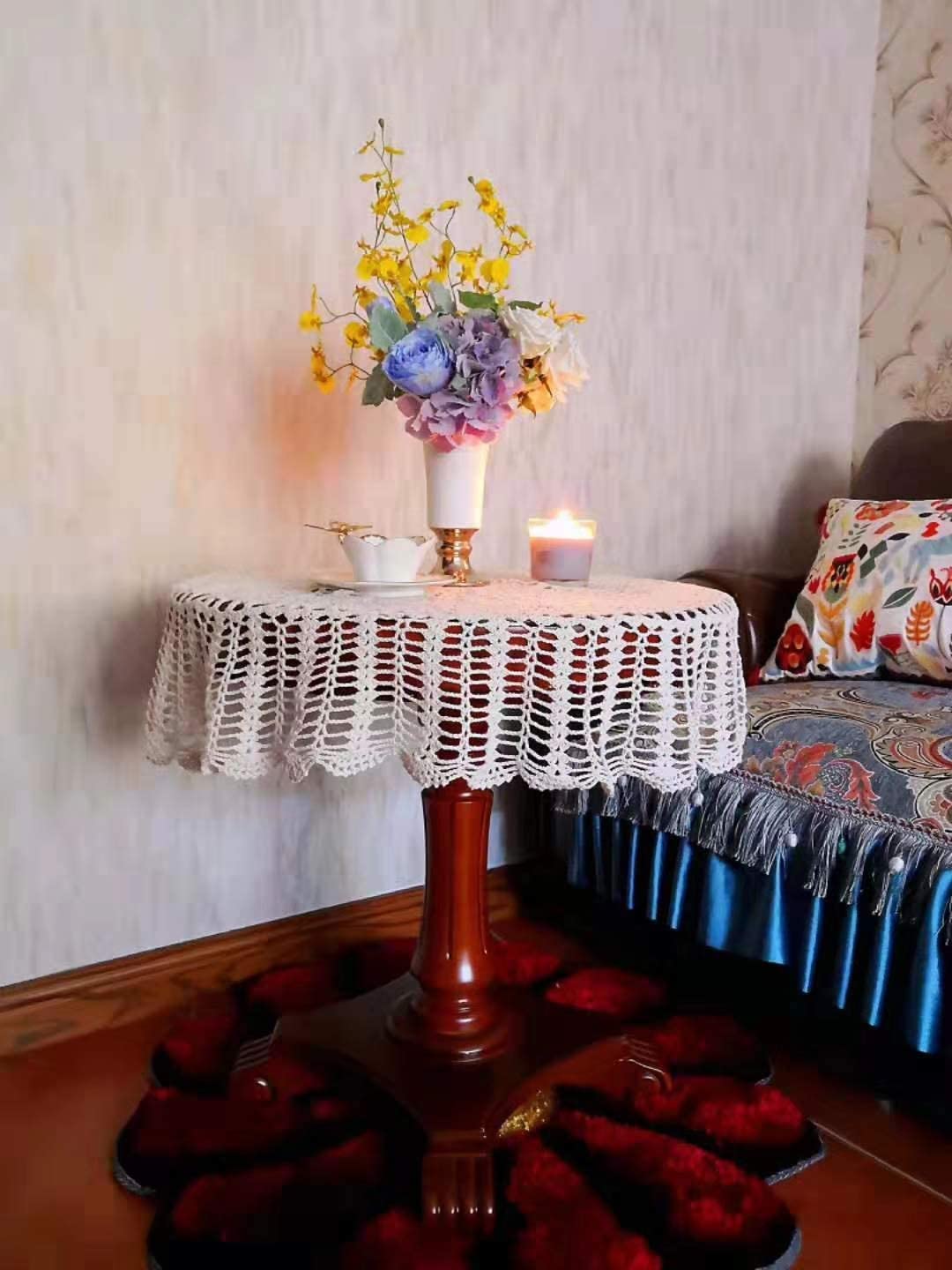 Ourhommie crochet lace tablecloth softens dining spaces for weddings and celebrations.