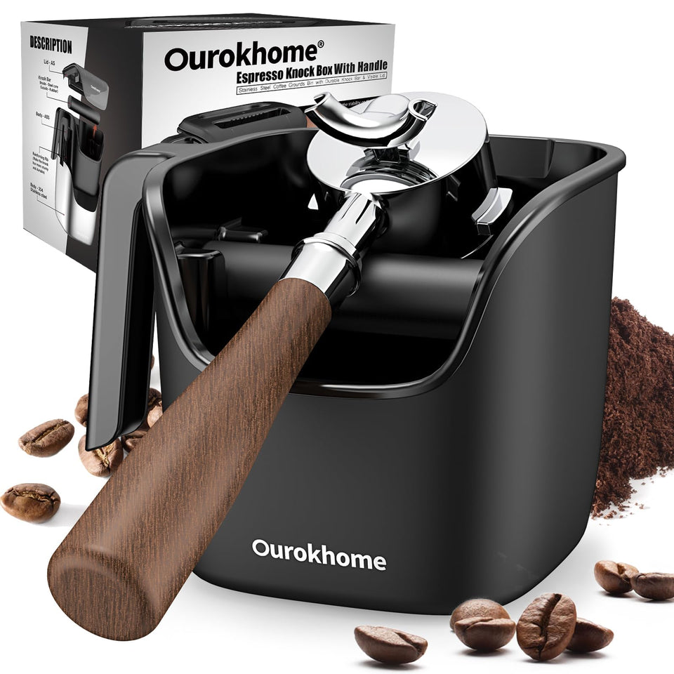 Ourokhome Espresso Knock Box with Lid keeps the counter tidy after each shot.
