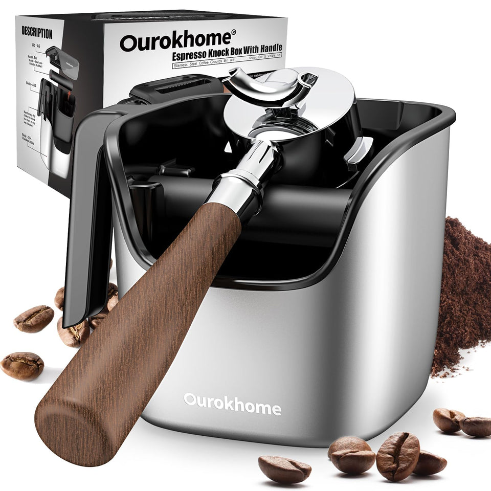 Ourokhome espresso knock box with lid keeps counter clean and aroma controlled.