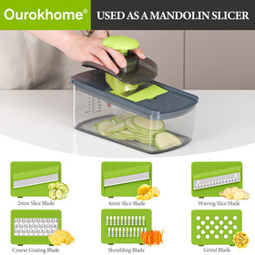 Ourokhome mandolin slicer adjustable blade yields even cuts.