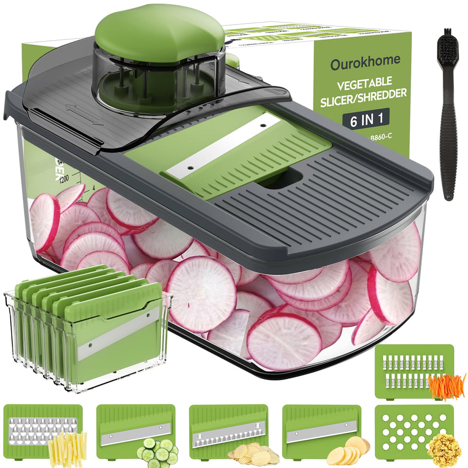 Ourokhome mandolin slicer blades array enables precise, uniform vegetable cuts.